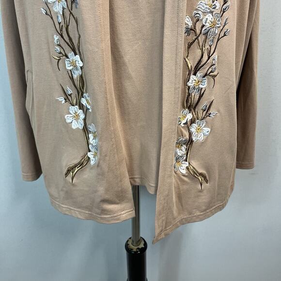 Bob Mackie 2pc Twinset size Large Brown Khaki Stretch Jersey Floral Embroidery - Picture 5 of 9